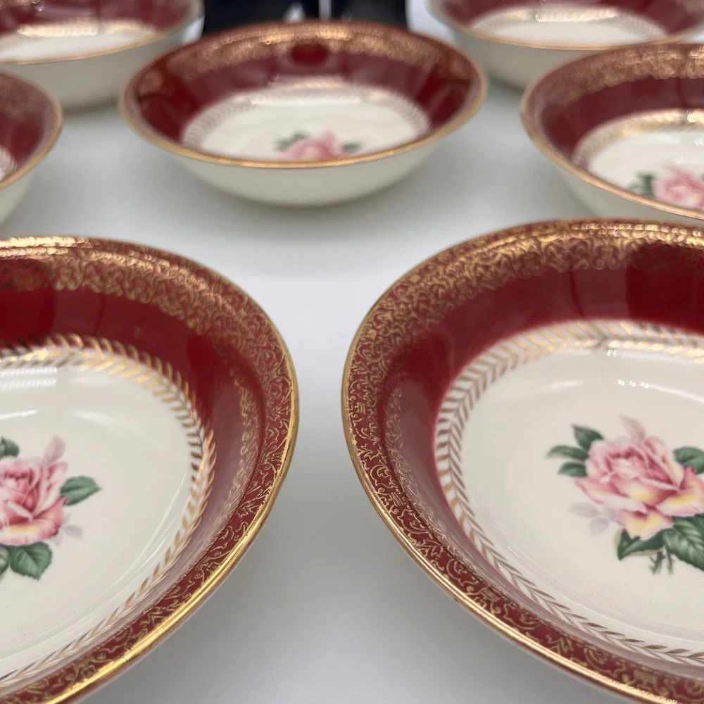 8 Piece Set Homer Laughlin Lady Stratford Berry Bowls Maroon Gold Pink Rose